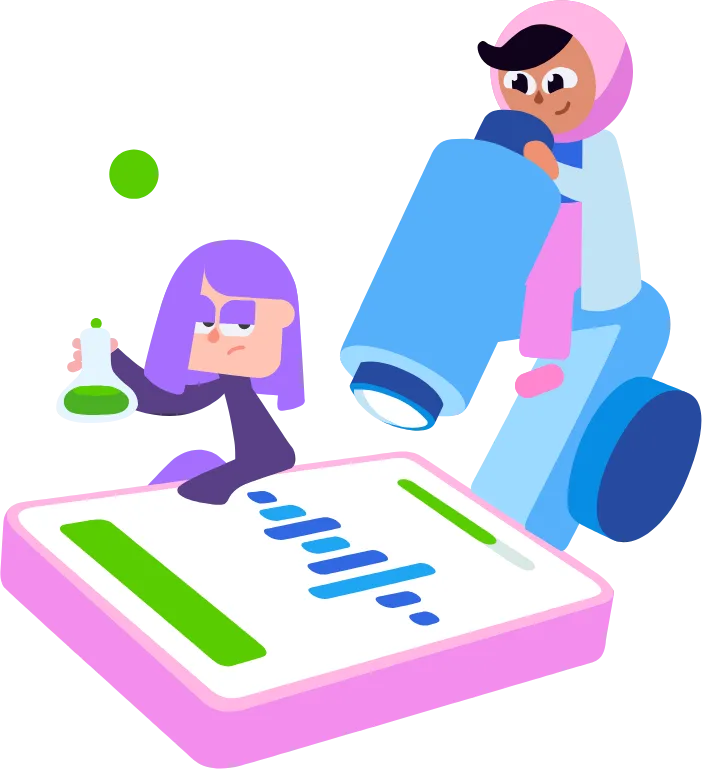 Personagens do Duolingo em um laboratório